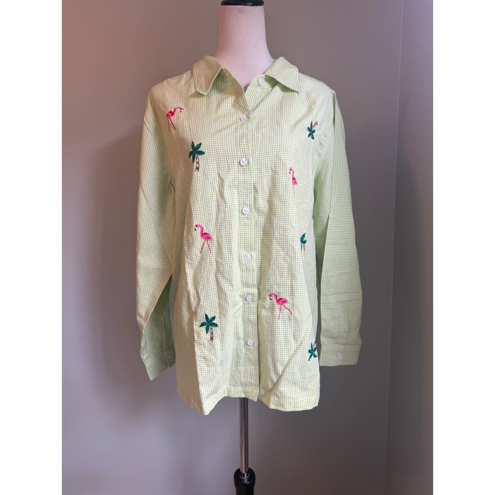 Quacker Factory XL Gingham Flamingo Palm  Beaded Button Up Shirt New resort boho